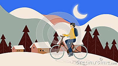 cycling exercise, Man riding bicycle in city, 4k simple cartoon animation, perfect loop, cycling along road Stock Photo